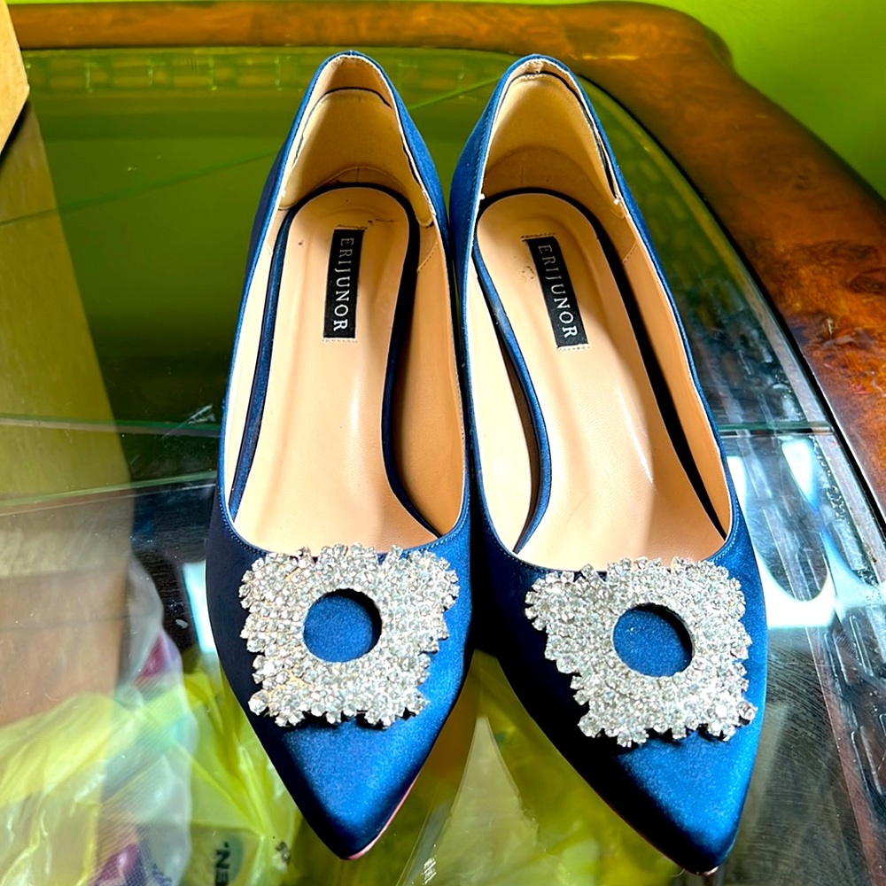 ERIJUNOR pointy toe mid heels pump rhinestones evening D’Orsay Satin shoe 7.5